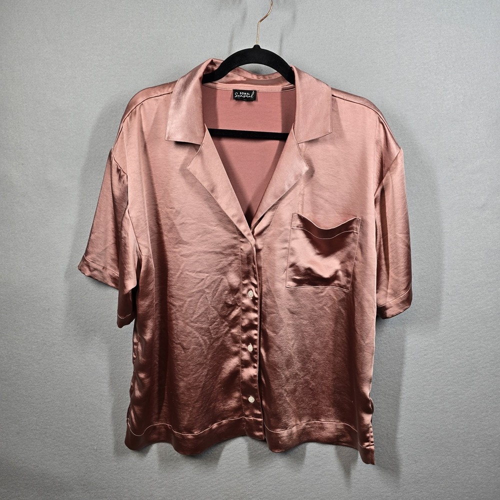 Soma Sensual Shirt Womens Large Pink Satin Button‎ Front Short Sleeve Blouse Top
